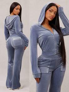 Radiana Conjunto de chándal de terciopelo gris-azul sexy y casual para mujer, sudadera con cremallera + pantalones de pierna ancha, set de 2 piezas, cómodo y suave para uso casual, deportivo, en casa o al aire libre