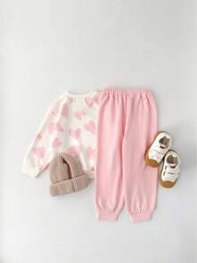THE HAPPY LOOK 2pcs/Set Young Girl Heart Pattern Knit Soft Crew Neck Long Sleeve Pullover Sweatshirt And Elastic Waist Jogger Pants - Pink - View 2