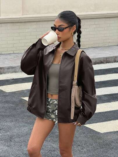 Muchica Drop Shoulder Zip Up PU Cropped Leather Jacket