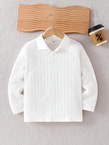 Kids/Young Boy Casual Everyday Versatile Comfortable Ribbed Polo Collar Half-Zip Long Sleeve Knit Polo Shirt, Suitable For School, Garden, Beach, Birthday, Spring/Summer, Fall, Winter - White - View 4