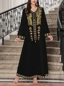 SHEIN Najma 女式叶植物几何数码印花 V 领长袖优雅阿拉伯连衣裙，春秋 - 彩色 - 查看 1