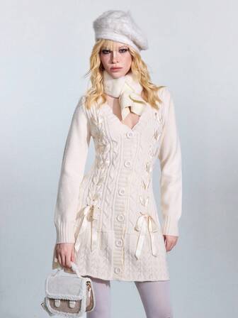 Fairycore فستان كنزة صوفية كاجوال ريترو كوتيج كور بياقة على شكل حرف V وأزرار فردية وربطة فيونكة وقصة A-line