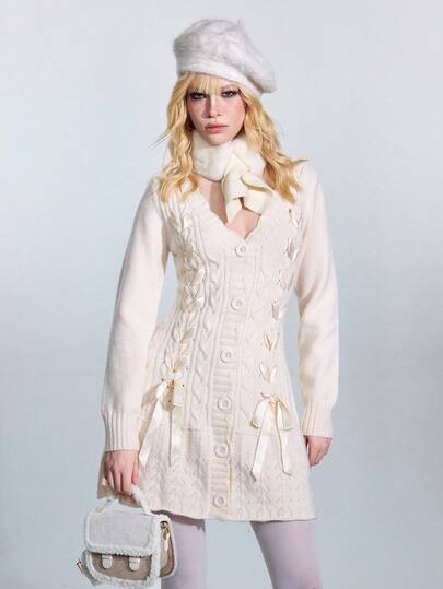 Fairycore Robe pull ample à col en V, à simple boutonnage, avec nœud ruban, style rétro cottage pour femmes