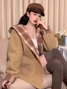 DAZY 女士宽松商务休闲通勤优雅双面仿羊羔绒夹克，格子撞色连帽卫衣，常规版型，秋冬女式外套 - 卡其色 - 查看 8