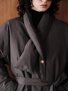 Zovinel Áo khoác dài đệm màu xám cổ cao tay dài, cổ cao, đơn giản, thanh lịch, thoải mái, đi làm ngoài trời, phong cách tối giản mới dành cho nữ mùa đông - Xám - Xem 9