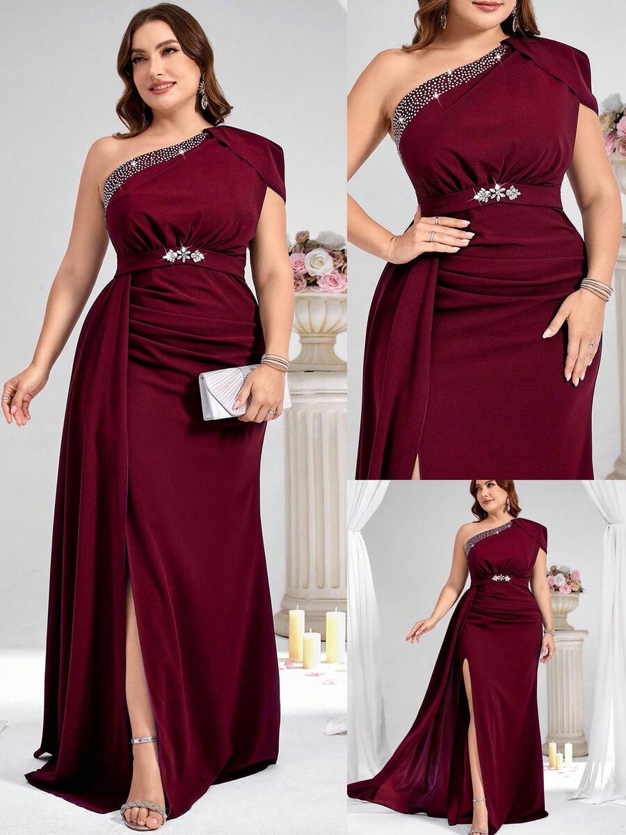 Coutiva Plus Size Formal Evening Gown (Heavily Embellished) - Burgundy - View 1
