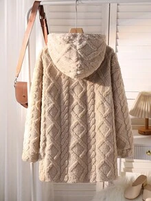 Sparklyn 青少年女孩休闲百搭家居服日常校服罗纹针织连帽长款开衫夹克，秋冬秋季 - 卡其色 - 查看 2