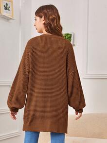 SHEIN Cardigan Sweater Lengan Panjang Leher V Warna Polos untuk Anak Perempuan Remaja, Serbaguna untuk Pakaian Kasual, Sekolah, Musim Gugur dan Musim Dingin - Coklat - View 2