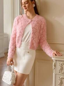 Revavyn 女士 V 领铆钉钻石图案仿貂皮优雅开衫 - 淺粉色 - 查看 3