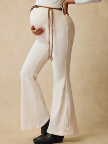 Boho Mama 秋季服装，秋季服装，孕妇装秋季服装孕妇装孕妇高腰合身纹理可调节腰部裤子孕妇裤孕妇裤白色喇叭裤孕妇装孕妇装波西米亚风裤子 - 米色 - 查看 6