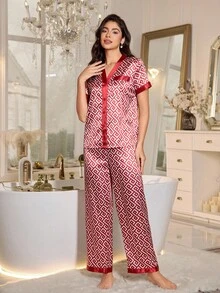 LuxeNights Faux Silk Red Geometric Print Women Pajama Set Red Pajamas For Women - Red - View 6