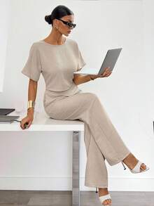 SHEIN Tall Bộ 2 áo sơ mi và quần xếp ly màu trơn dành cho nữ, phù hợp mặc vào mùa thu, thường ngày và công sở - Màu Khaki - Xem 8