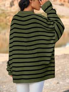 EURMUSE Plus Size Casual Loose Striped Pullover Sweater With Half-Zip - Green - View 2