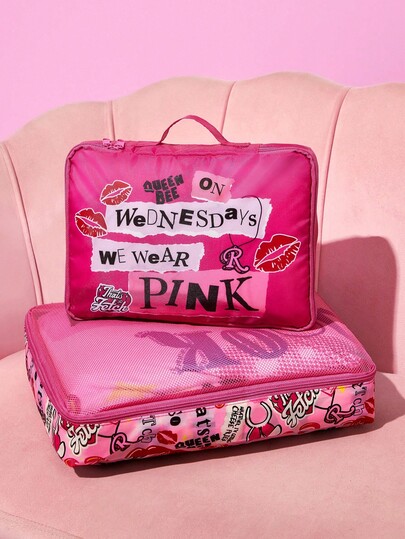 Mean Girls X SHEIN 2 piezas Bolsas de almacenamiento de viaje con gráfico de letra linda de poliéster, superficie de malla, almacenamiento categorizado, disponible en varios tamaños, adecuado para diferentes tamaños de bolsas, excelente para viajes cortos, viajes largos, organización diaria del hogar, adecuado para niños, niñas, hombres, mujeres y estudiantes