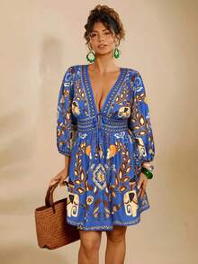 Travachic Plus Size Vintage Style Printed Deep V-Neck Long Sleeve Dress - Blue - View 3