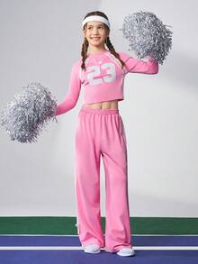 JNSQ Tween Girl Outfit Sets, Children Autumn/Winter Sports Suits, Girls Fitted Round Neck Front Graphic Letter Print T-Shirt Paired With Loose Drawstring Bow Pants 2-Piece Set, Suitable For Autumn/Winter Daily Wear, Outdoor Activities, Vacation, Streetwear, Party And Casual Fall