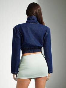 Denimoi 束腰拉链高领牛仔夹克，时尚 - 深色水洗藍 - 查看 3