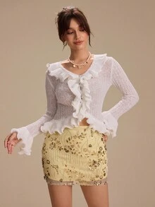 Relinas Women's French Elegant V-Neck Ruffle Trim Ribbed Knit Cardigan, Slim Fit, AutumnWarm Sweater Knitted Sweater Winter Wear Comfortable Autumn And Winter Wear Women's New Year Party Wear Can Be Worn In Many Ways