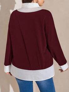 SHEIN LUNE Plus Size Women's Red & White Contrast Collar 2 In 1 Top, Thanksgiving New Years Winter Rave Burgundy Casual Top - Burgundy - View 2