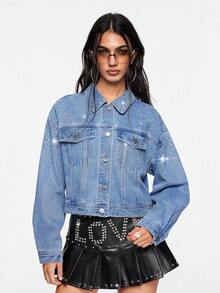 ROMWE Women's Casual Fashion Rhinestone Embellished Drop Shoulder Loose Cropped Denim Jacket, Spring/Autumn - Blue - View 2