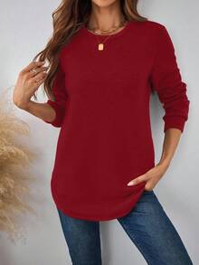 EMERY ROSE Sudadera de cuello redondo roja sólida y casual para mujer, de manga larga y gruesa, estilo todo a juego adecuado para otoño/invierno - Rojo - Ver 6