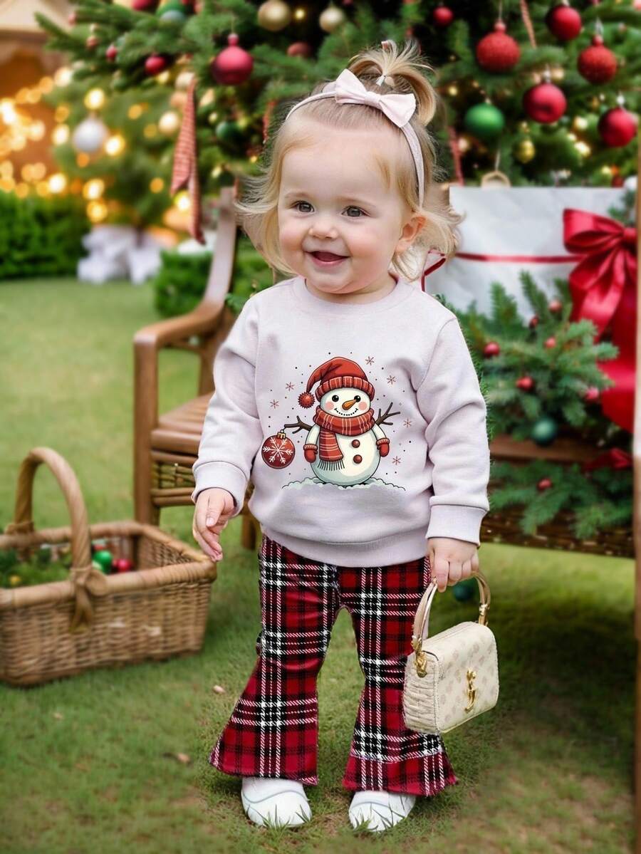 2 Stücke/Set süßes Baby Mädchen Lässig Weihnachts Schneemann Muster Strick Rundhals Langarm Sweatshirt und rote karierte Schlaghose Set, modisches Weihnachtsoutfit, geeignet für Herbst/Winter, leicht und bequem, Layering Option für den Herbst, modische Lässig Kleidung, grafisches Design - Verschiedenfarbig - Übersicht 1