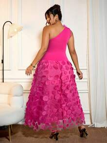 Cravure 大码女式派对针织不对称花卉修身黑色上衣和双层黑色长裙两件套 - 玫紅色 - 查看 3