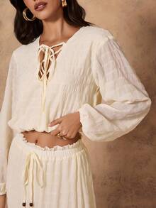 Chiquease 女士优雅休闲宽松系腰灯笼袖提花长裙两件套 - 白色 - 查看 6