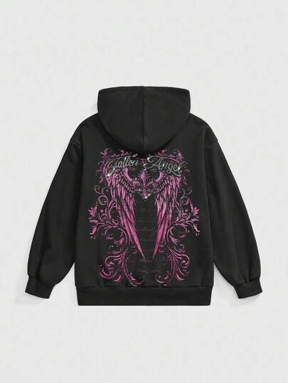 Grunge Punk Plus Size Y2K Millennium Retro Punk Skull Print Zip-Up Hoodie