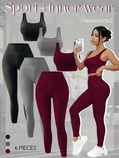 Slayform 3pcs Women's Sports Yoga Set, Tight Crew Neck Vest, High Waist Leggings, Running Fitness Workout Outfit, Sexy Lifting Waist Basic Commuting Matching Top And Pants