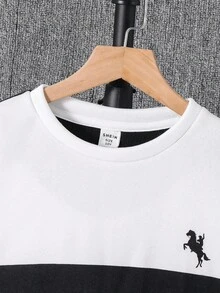 SHEIN Áo nỉ dài tay cổ tròn họa tiết hiệp sĩ kẻ sọc thể thao thường ngày cho bé trai tuổi teen, màu tương phản, thích hợp mặc đi làm, đi học, mặc thường ngày, thể thao, thu/đông - màu đen - Xem 3