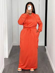 Slaydiva 秋冬新款音乐节、复活节、生日派对、日常休闲、度假、邮轮旅行、海滩、日光浴，时尚橙色长袖连帽衫和工装口袋裙加大码两件套 - 橘色 - 查看 7