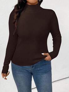 Plus Size Solid Color Turtleneck Slim Fit Sweater, Casual For Autumn/Winter - Coffee Brown - View 1