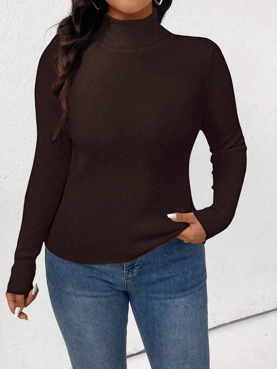 Plus Size Solid Color Turtleneck Slim Fit Sweater, Casual For Autumn/Winter - Coffee Brown - View 1
