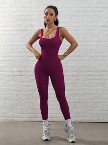 Slayform Minimalistisk, elastisk, enfärgad rygglös jumpsuit för kvinnor, sommar - Rödviolett - Visa 5