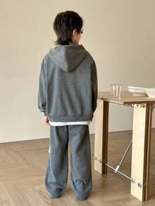 SHEIN Little Byeori 2 件青少年男童休闲街头时尚韩版雪花连帽运动衫和纯色松紧腰运动裤套装，适合返校、生日、迎婴派对、节日派对、秋冬季 - 灰色 - 查看 4