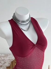 SHEIN Unity 女士优雅性感网眼拼接连衣裙，秋冬 - 酒紅色 - 查看 6