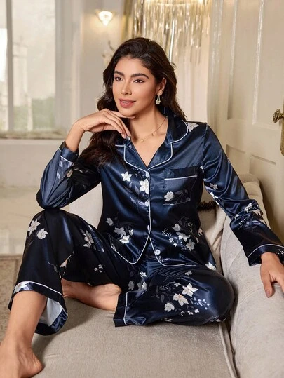 LuxeNights 仿丝花卉印花翻领长袖女士睡衣套装，秋季服装