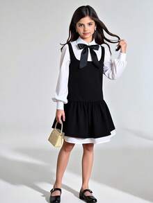 Ontre Robe décontractée 2 en 1 à manches longues avec col contrasté pour préadolescentes - Noir et Blanc - Voir 1