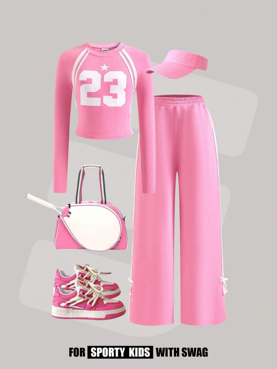 JNSQ Tween Girl Outfit Sets, Children Autumn/Winter Sports Suits, Girls Fitted Round Neck Front Graphic Letter Print T-Shirt Paired With Loose Drawstring Bow Pants 2-Piece Set, Suitable For Autumn/Winter Daily Wear, Outdoor Activities, Vacation, Streetwear, Party And Casual Fall
