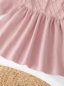 SHEIN Vintaside Kids 女婴针织长袖毛衣裙，适合秋冬季，粉色和浅粉色，百搭，优雅，荷叶边领，纹理，时尚，可爱，适合上学、日常穿着、居家、户外、旅行 - 粉色 - 查看 6