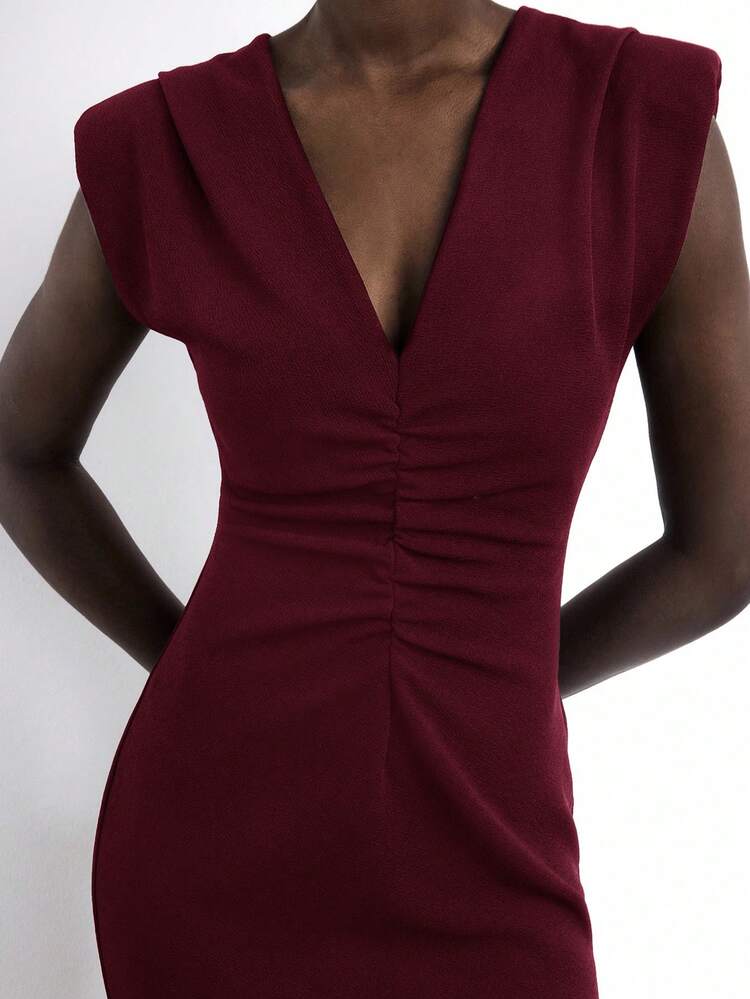 SHEIN Maija Spring/Summer New V-Neck Wide Shoulder Pad Front Ruched Cold-Shoulder Burgundy Party Dress, Elegant & Chic For Carnival, Valentine's Day, Formal Occasions, Music Festivals, Urban Commute  St Patrick's Day Women Easter Summer Outfits Easter Dress Women Party Top Beach Dress Summer Holiday Outfits Each Vacation Outfits For Women  Summer Outfit For Women Going Out Outfits Graduation Graduation Outfit  Casual Dresses  Casual Blouses For Women