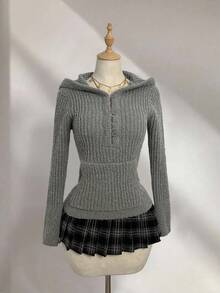 Elamini Casual Versatile Solid Color Hooded Women Sweater - Grey - View 5