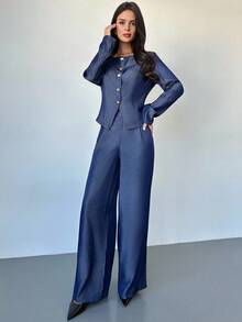 Firerie Conjunto de 2 piezas de camisa de manga larga de cuello redondo y pantalones de estilo casual para mujer, otoño - Azul Marino - Ver 6