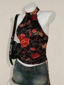 SHEIN ICON Y2K 夏季外出波西米亚西部乡村音乐会女式性感露背花卉印花挂脖上衣，夏季 - 彩色 - 查看 4