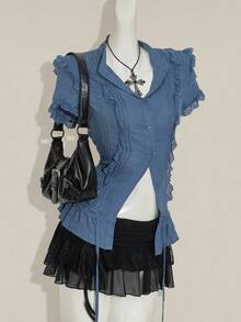 SHEIN ICON Y2k Women's Western Country Concert Boho Dark Blue Beige Goth Summer Casual Lace Trim Blouse