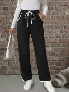 EMERY ROSE Women's Casual Sports Style Drawstring Waist Slant Pocket Contrast Piping Straight Leg Pants
