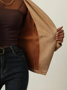 Lyxana Áo khoác nữ màu trơn bó eo, thích hợp khi đi làm - Màu Khaki - Xem 8