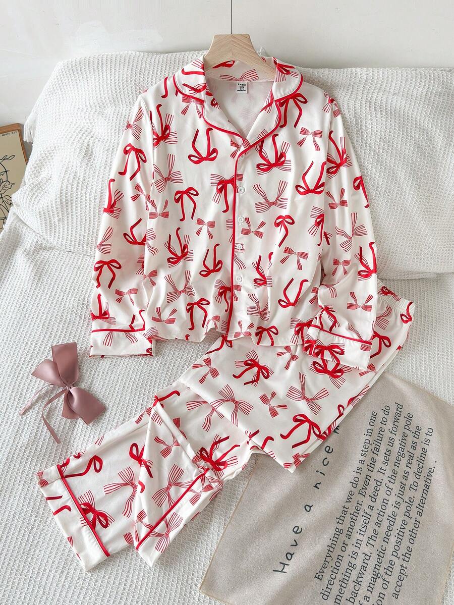 2 件套少女甜美蝴蝶结图案长袖上衣和裤子休闲舒适睡衣 - 紅白色 - 查看 1