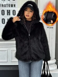 Easura 大码女式纯色长袖前拉链宽松仿皮草连帽夹克 - 黑色 - 查看 4